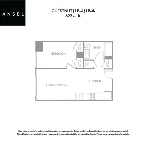 Floor plan for 1 bed, 1 bath, 623 sqft